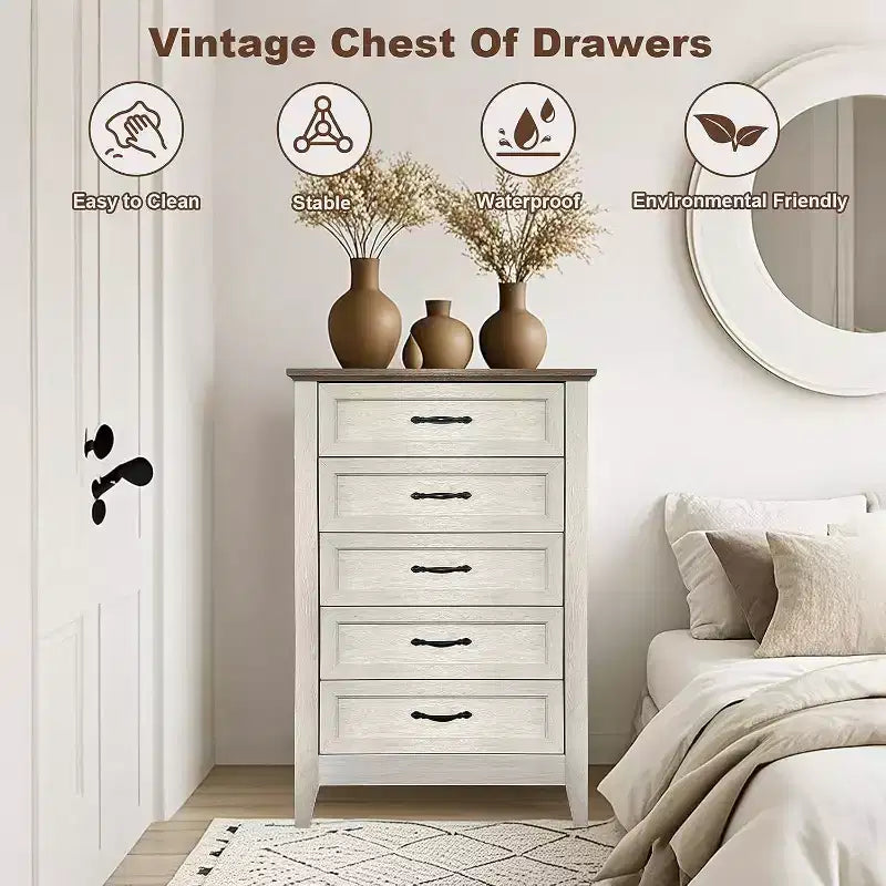 Cassettiera Acekool a 5 cassetti, cassettone alto in stile rustico con maniglie in metallo, organizer moderno in legno per camera da letto, soggiorno, ingresso
