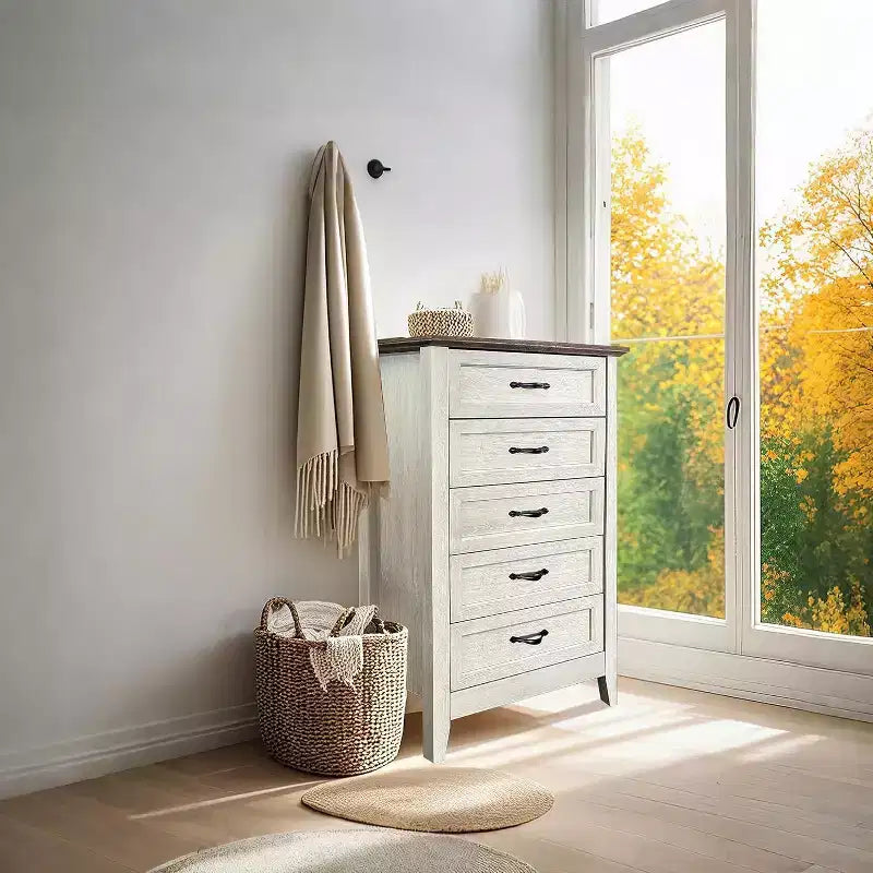 Cassettiera Acekool a 5 cassetti, cassettone alto in stile rustico con maniglie in metallo, organizer moderno in legno per camera da letto, soggiorno, ingresso