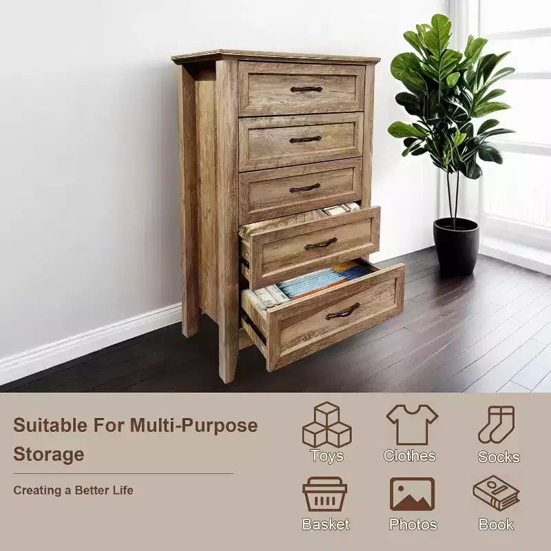 Cassettiera Acekool a 5 cassetti, cassettone alto in stile rustico con maniglie in metallo, organizer moderno in legno per camera da letto, soggiorno, ingresso