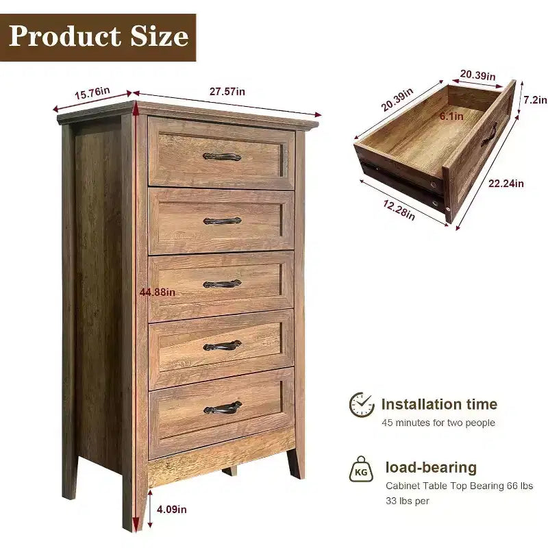Cassettiera Acekool a 5 cassetti, cassettone alto in stile rustico con maniglie in metallo, organizer moderno in legno per camera da letto, soggiorno, ingresso