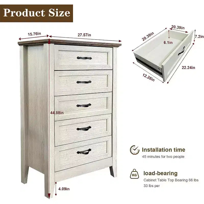 Cassettiera Acekool a 5 cassetti, cassettone alto in stile rustico con maniglie in metallo, organizer moderno in legno per camera da letto, soggiorno, ingresso