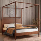 Merax Modern Rustic Solid Wood Canopy Bed Frame with Built-in Headboard
