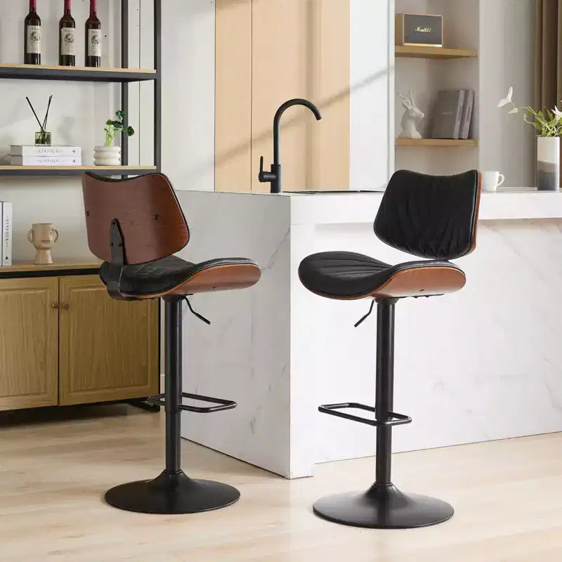 CLIHOME Sgabelli da Bar in Legno Curvato Noce, Moderni di Metà Secolo, Regolabili in Altezza per Bancone, Rivestiti in Pelle, Sedie da Bar Girevoli a 360°, Beige