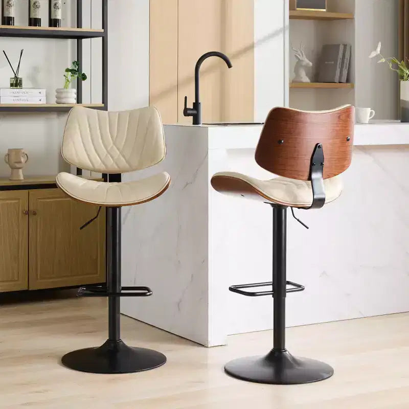 CLIHOME Sgabelli da Bar in Legno Curvato Noce, Moderni di Metà Secolo, Regolabili in Altezza per Bancone, Rivestiti in Pelle, Sedie da Bar Girevoli a 360°, Beige