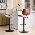 CLIHOME Sgabelli da Bar in Legno Curvato Noce, Moderni di Metà Secolo, Regolabili in Altezza per Bancone, Rivestiti in Pelle, Sedie da Bar Girevoli a 360°, Beige