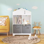Acekool Libreria a Casetta per Bambini con Contenitore, Organizer a 2 Livelli e 2 Cassetti in Tessuto, Scaffale per Libri per Bambini per Camera da Letto, Sala Giochi, Bianco+Rosa