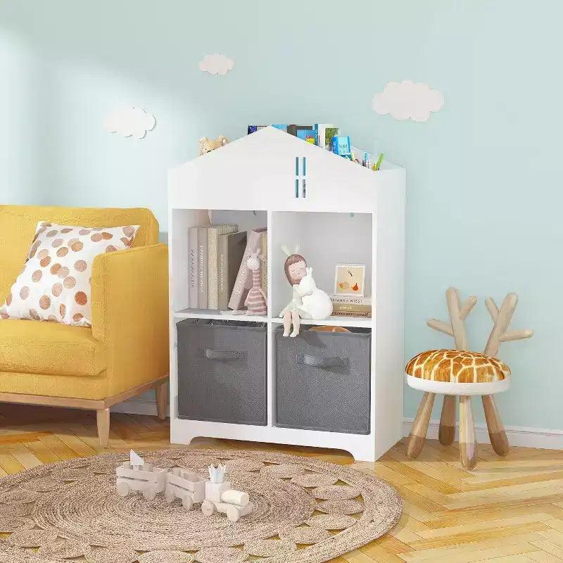 Acekool Libreria a Casetta per Bambini con Contenitore, Organizer a 2 Livelli e 2 Cassetti in Tessuto, Scaffale per Libri per Bambini per Camera da Letto, Sala Giochi, Bianco+Rosa