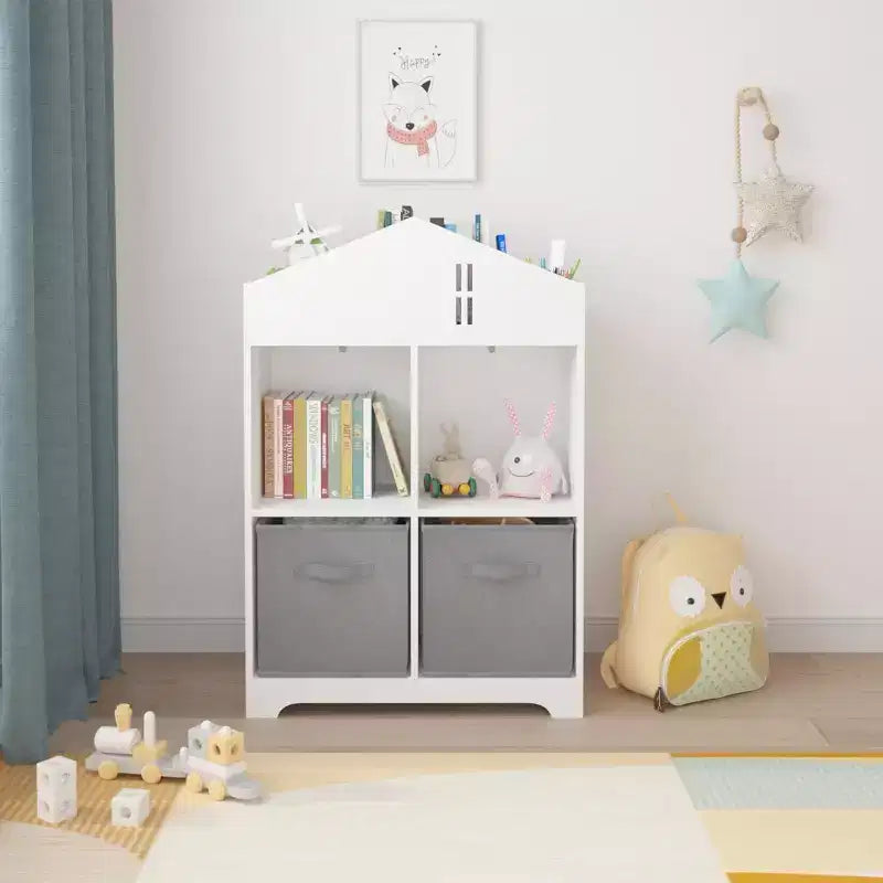 Acekool Libreria a Casetta per Bambini con Contenitore, Organizer a 2 Livelli e 2 Cassetti in Tessuto, Scaffale per Libri per Bambini per Camera da Letto, Sala Giochi, Bianco+Rosa