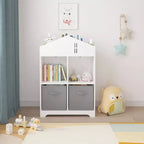 Acekool Libreria a Casetta per Bambini con Contenitore, Organizer a 2 Livelli e 2 Cassetti in Tessuto, Scaffale per Libri per Bambini per Camera da Letto, Sala Giochi, Bianco+Rosa