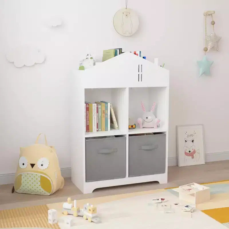 Acekool Libreria a Casetta per Bambini con Contenitore, Organizer a 2 Livelli e 2 Cassetti in Tessuto, Scaffale per Libri per Bambini per Camera da Letto, Sala Giochi, Bianco+Rosa