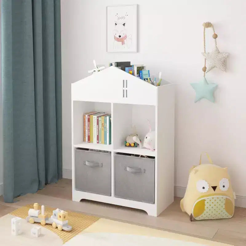 Acekool Libreria a Casetta per Bambini con Contenitore, Organizer a 2 Livelli e 2 Cassetti in Tessuto, Scaffale per Libri per Bambini per Camera da Letto, Sala Giochi, Bianco+Rosa