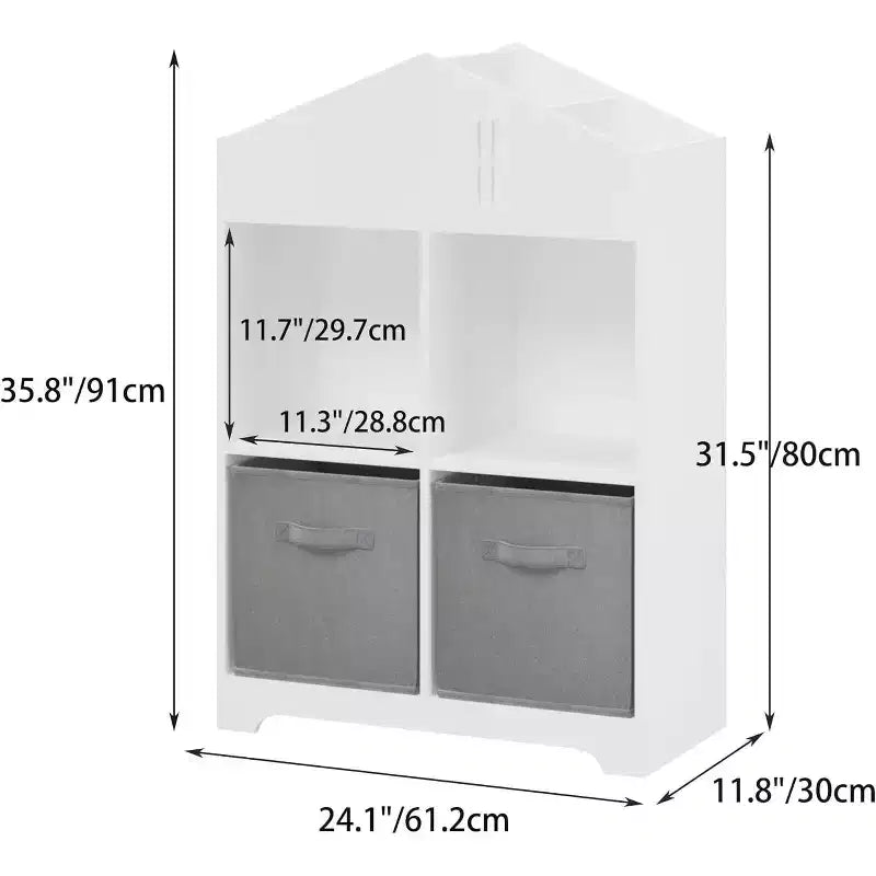 Acekool Libreria a Casetta per Bambini con Contenitore, Organizer a 2 Livelli e 2 Cassetti in Tessuto, Scaffale per Libri per Bambini per Camera da Letto, Sala Giochi, Bianco+Rosa