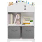 Acekool Libreria a Casetta per Bambini con Contenitore, Organizer a 2 Livelli e 2 Cassetti in Tessuto, Scaffale per Libri per Bambini per Camera da Letto, Sala Giochi, Bianco+Rosa