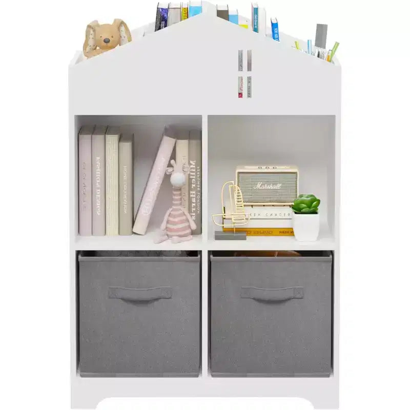 Acekool Libreria a Casetta per Bambini con Contenitore, Organizer a 2 Livelli e 2 Cassetti in Tessuto, Scaffale per Libri per Bambini per Camera da Letto, Sala Giochi, Bianco+Rosa