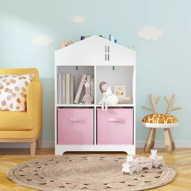 Acekool Libreria a Casetta per Bambini con Contenitore, Organizer a 2 Livelli e 2 Cassetti in Tessuto, Scaffale per Libri per Bambini per Camera da Letto, Sala Giochi, Bianco+Rosa