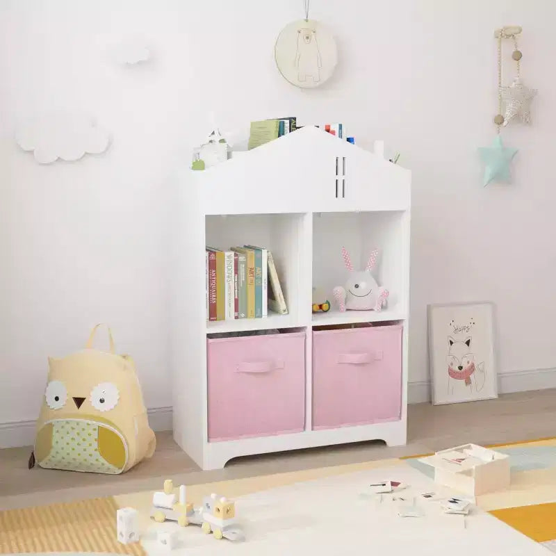 Acekool Libreria a Casetta per Bambini con Contenitore, Organizer a 2 Livelli e 2 Cassetti in Tessuto, Scaffale per Libri per Bambini per Camera da Letto, Sala Giochi, Bianco+Rosa