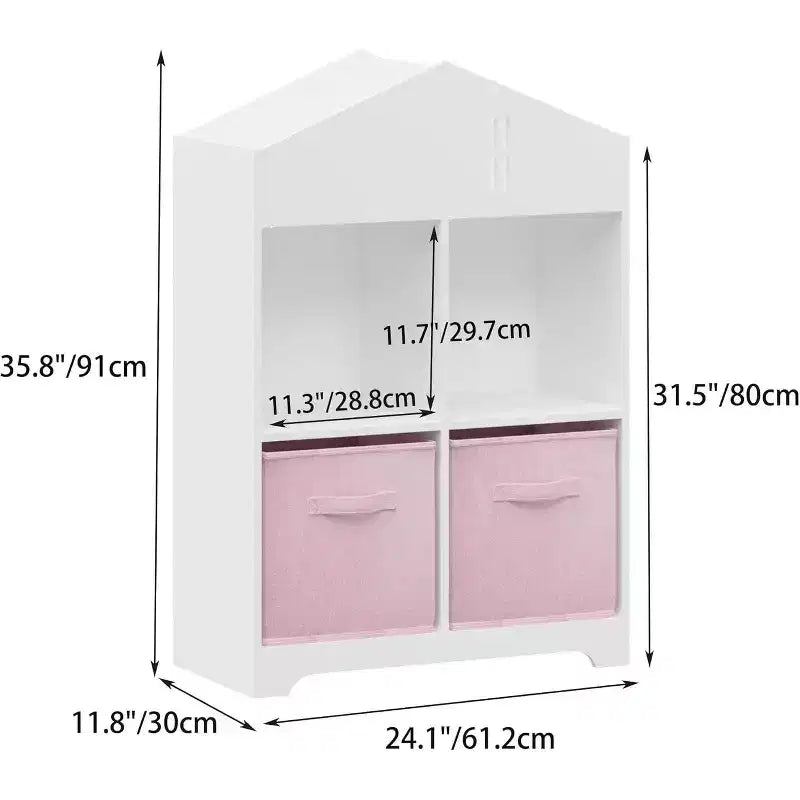 Acekool Libreria a Casetta per Bambini con Contenitore, Organizer a 2 Livelli e 2 Cassetti in Tessuto, Scaffale per Libri per Bambini per Camera da Letto, Sala Giochi, Bianco+Rosa
