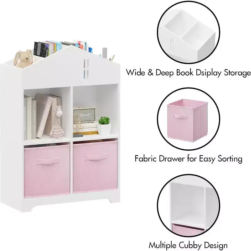 Acekool Libreria a Casetta per Bambini con Contenitore, Organizer a 2 Livelli e 2 Cassetti in Tessuto, Scaffale per Libri per Bambini per Camera da Letto, Sala Giochi, Bianco+Rosa