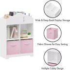 Acekool Libreria a Casetta per Bambini con Contenitore, Organizer a 2 Livelli e 2 Cassetti in Tessuto, Scaffale per Libri per Bambini per Camera da Letto, Sala Giochi, Bianco+Rosa