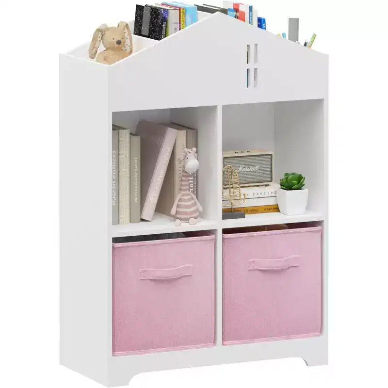 Acekool Libreria a Casetta per Bambini con Contenitore, Organizer a 2 Livelli e 2 Cassetti in Tessuto, Scaffale per Libri per Bambini per Camera da Letto, Sala Giochi, Bianco+Rosa
