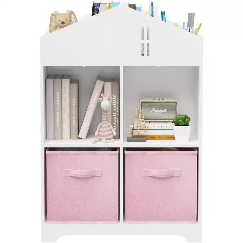 Acekool Libreria a Casetta per Bambini con Contenitore, Organizer a 2 Livelli e 2 Cassetti in Tessuto, Scaffale per Libri per Bambini per Camera da Letto, Sala Giochi, Bianco+Rosa