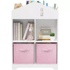 Acekool Libreria a Casetta per Bambini con Contenitore, Organizer a 2 Livelli e 2 Cassetti in Tessuto, Scaffale per Libri per Bambini per Camera da Letto, Sala Giochi, Bianco+Rosa