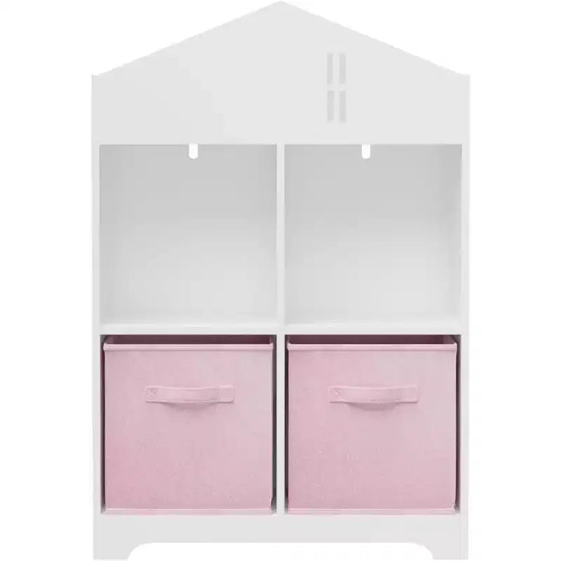 Acekool Libreria a Casetta per Bambini con Contenitore, Organizer a 2 Livelli e 2 Cassetti in Tessuto, Scaffale per Libri per Bambini per Camera da Letto, Sala Giochi, Bianco+Rosa