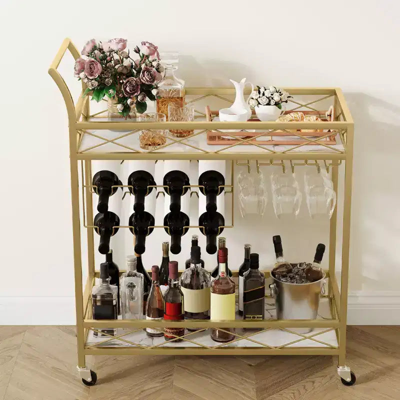 Carrello da bar, carrello da portata a 2 livelli per casa, carrello mobile per bevande con portabottiglie, porta bicchieri, carrello da vino su ruote per cucina, sala da pranzo, soggiorno, oro