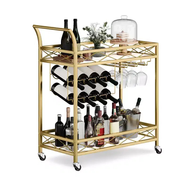 Carrello da bar, carrello da portata a 2 livelli per casa, carrello mobile per bevande con portabottiglie, porta bicchieri, carrello da vino su ruote per cucina, sala da pranzo, soggiorno, oro