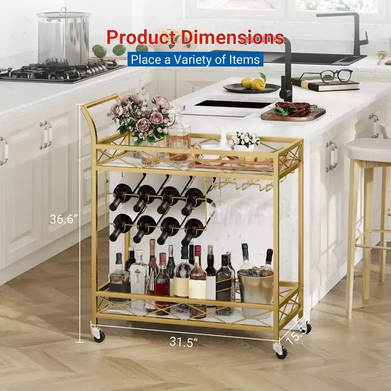 Carrello da bar, carrello da portata a 2 livelli per casa, carrello mobile per bevande con portabottiglie, porta bicchieri, carrello da vino su ruote per cucina, sala da pranzo, soggiorno, oro