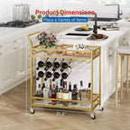 Carrello da bar, carrello da portata a 2 livelli per casa, carrello mobile per bevande con portabottiglie, porta bicchieri, carrello da vino su ruote per cucina, sala da pranzo, soggiorno, oro