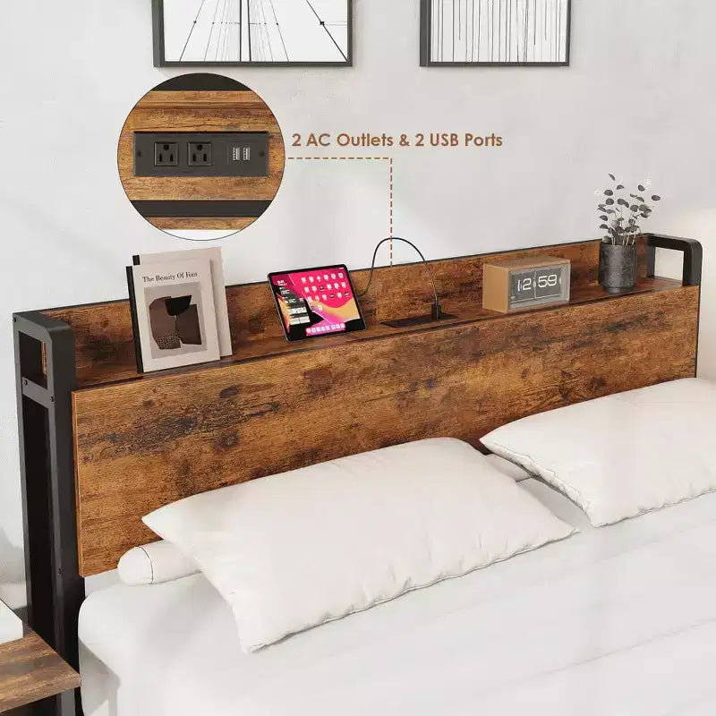 Struttura letto matrimoniale in stile industriale rusticoStruttura letto a piattaforma in metallo resistente con testiera in legnoStruttura letto matrimoniale per camera da letto