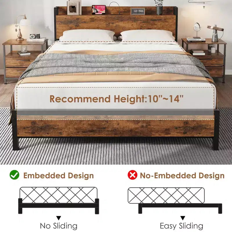 Struttura letto matrimoniale in stile industriale rusticoStruttura letto a piattaforma in metallo resistente con testiera in legnoStruttura letto matrimoniale per camera da letto