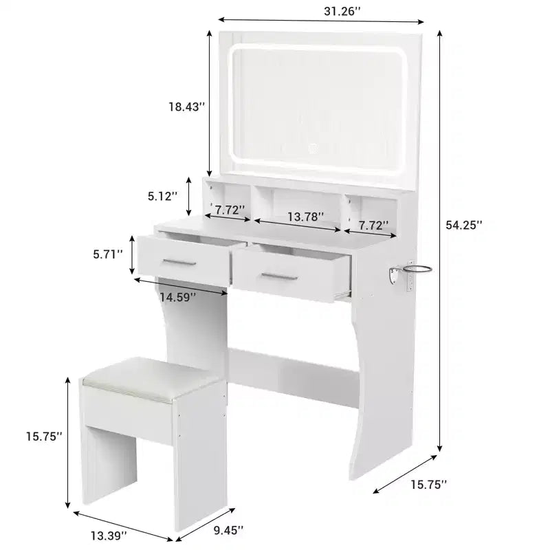 Set da toeletta con specchio e luci - con cassetti, stazione di ricarica, sgabello, tavolo da trucco compatto in legno per camera da letto di ragazze, appartamenti universitari