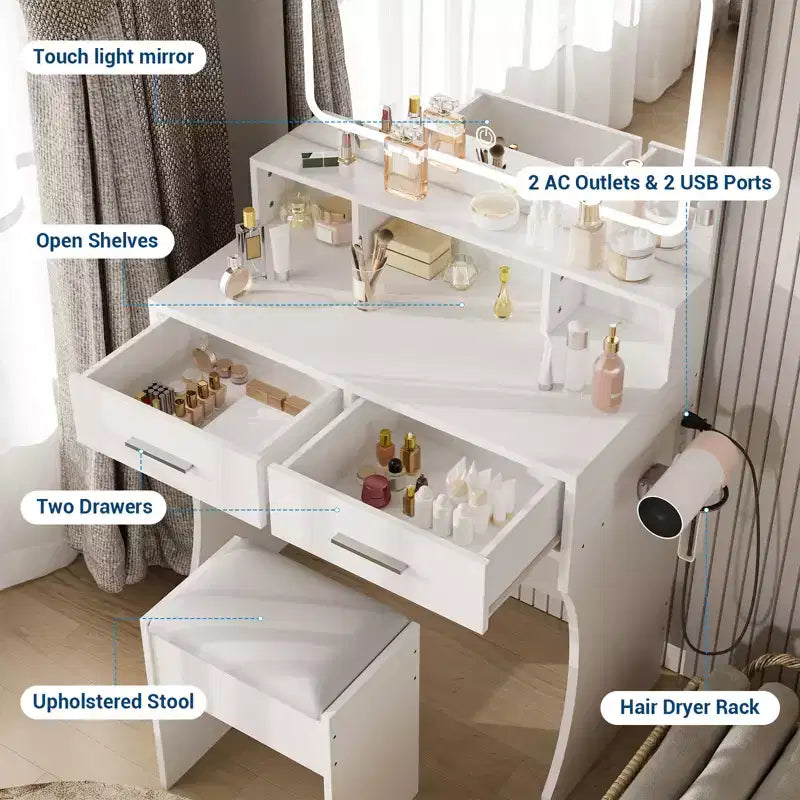 Set da toeletta con specchio e luci - con cassetti, stazione di ricarica, sgabello, tavolo da trucco compatto in legno per camera da letto di ragazze, appartamenti universitari