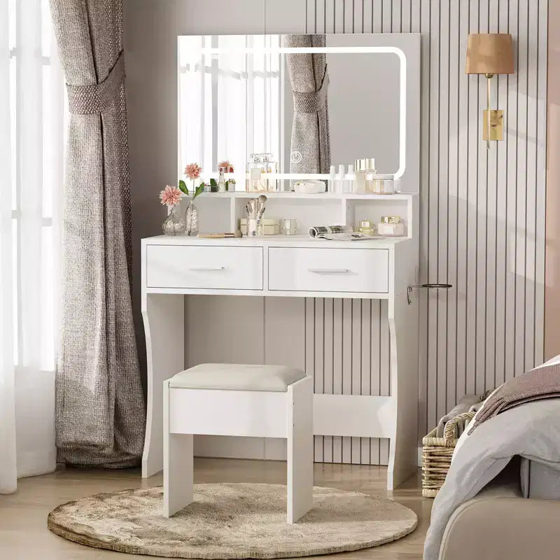 Set da toeletta con specchio e luci - con cassetti, stazione di ricarica, sgabello, tavolo da trucco compatto in legno per camera da letto di ragazze, appartamenti universitari