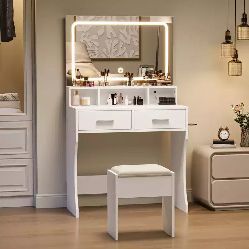 Set da toeletta con specchio e luci - con cassetti, stazione di ricarica, sgabello, tavolo da trucco compatto in legno per camera da letto di ragazze, appartamenti universitari