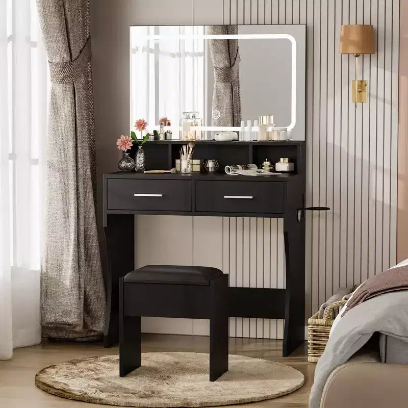 Set da toeletta con specchio e luci - con cassetti, stazione di ricarica, sgabello, tavolo da trucco compatto in legno per camera da letto di ragazze, appartamenti universitari