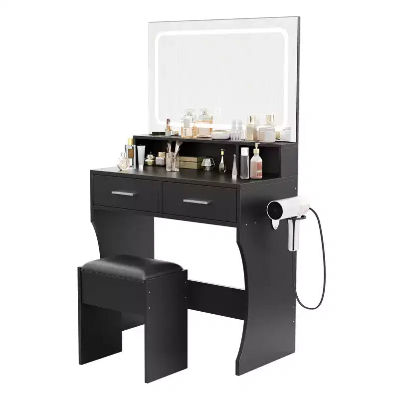 Makeup Vanity Table Set with Mirror & Lights - with Drawers, Charging Station, Stool, Compact Wood Dressing Table for Girls Bedroom, Dorm Apartments