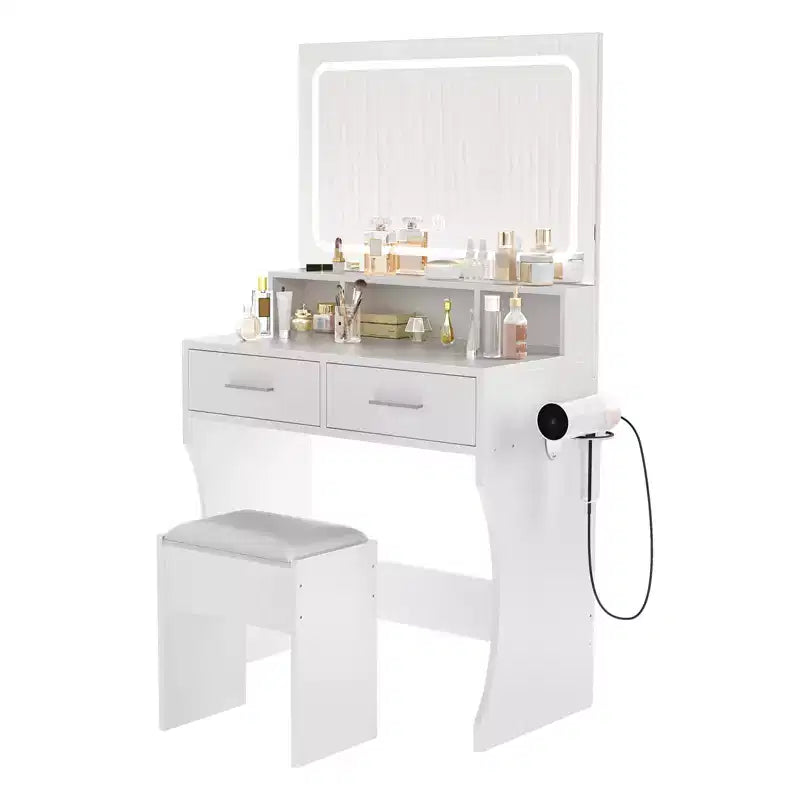 Set da toeletta con specchio e luci - con cassetti, stazione di ricarica, sgabello, tavolo da trucco compatto in legno per camera da letto di ragazze, appartamenti universitari