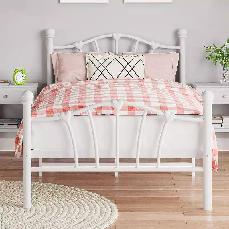 Struttura Letto Singolo per Bambini, Struttura Letto Singolo per Bambini con Testiera e Pediera a Forma di Cuore, Supporto Robusto a Doghe Metalliche, Silenzioso, Bianco