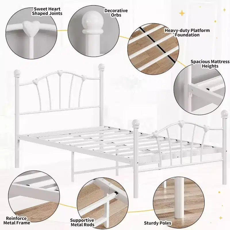 Struttura Letto Singolo per Bambini, Struttura Letto Singolo per Bambini con Testiera e Pediera a Forma di Cuore, Supporto Robusto a Doghe Metalliche, Silenzioso, Bianco
