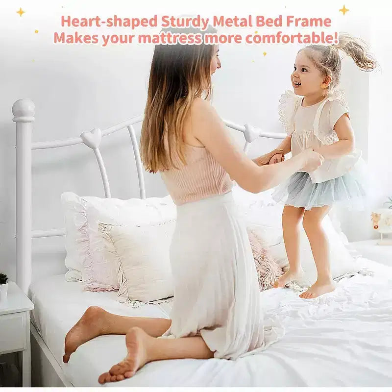 Struttura Letto Singolo per Bambini, Struttura Letto Singolo per Bambini con Testiera e Pediera a Forma di Cuore, Supporto Robusto a Doghe Metalliche, Silenzioso, Bianco