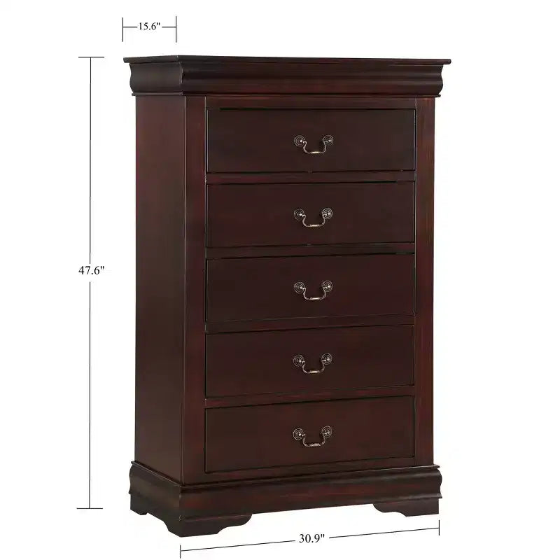 Cassettiera comodino a 5 cassetti Okak Contemporary in legno massello, contenitore per camera da letto con eleganti finiture in ottone, montaggio semplice