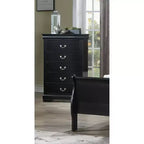 Cassettiera comodino a 5 cassetti Okak Contemporary in legno massello, contenitore per camera da letto con eleganti finiture in ottone, montaggio semplice