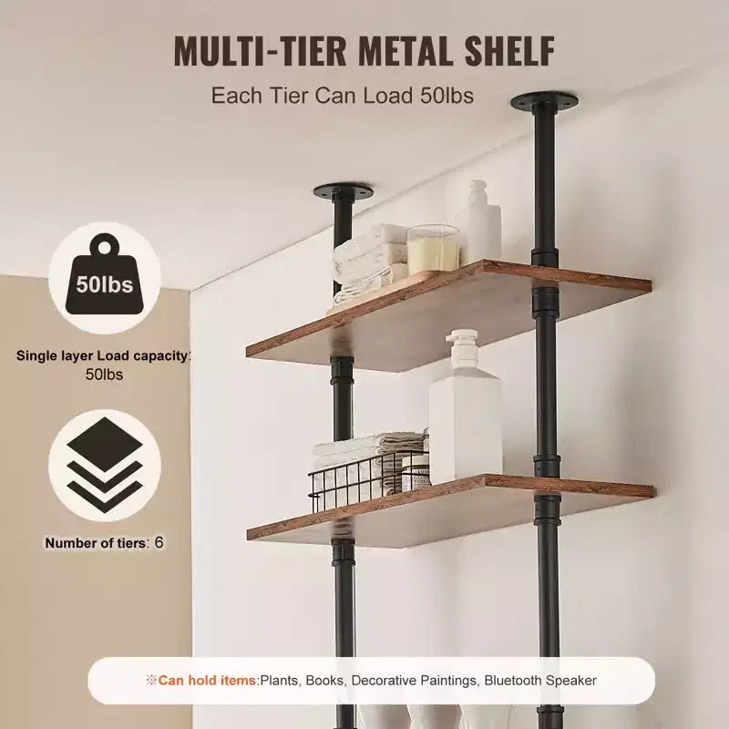 VEVOR Scaffale Industriale Tubolare, 5 Ripiani 24x9.84 pollici, Mensole Galleggianti in Legno Rustico da Parete, Libreria, Portaoggetti, Nero