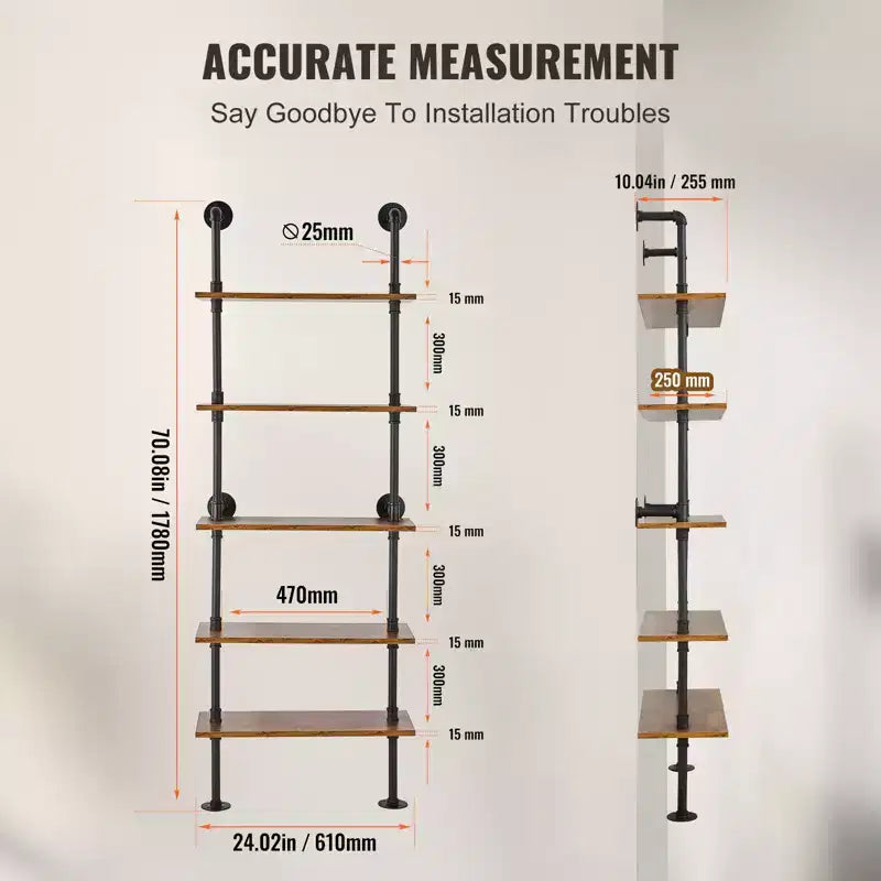 VEVOR Scaffale Industriale Tubolare, 5 Ripiani 24x9.84 pollici, Mensole Galleggianti in Legno Rustico da Parete, Libreria, Portaoggetti, Nero