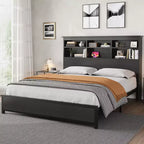 Full Size Bed Frame with Bookcase Headboard, Full Platform Bed with 2-tier Storage & Charging Station, No Box Spring Needed Easy AssembleBlack