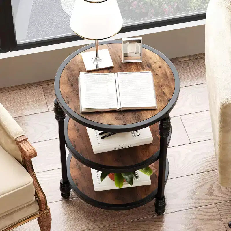 Tavolino rotondo con 3 ripiani per soggiorno, camera da letto, comodino, tavolino da caffè con struttura in acciaio per piccoli spazi