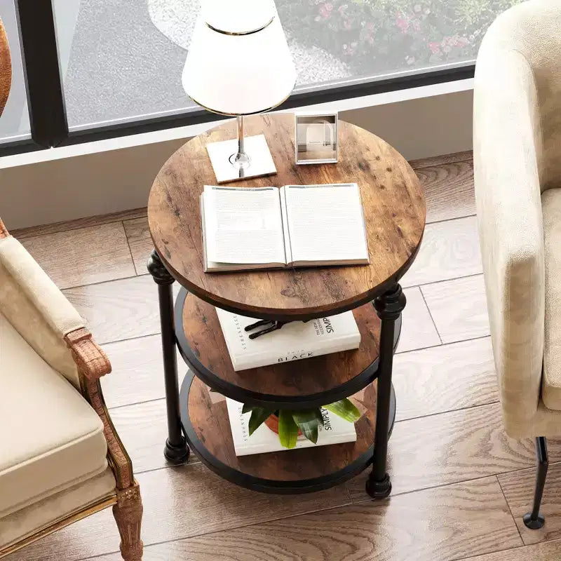 Tavolino rotondo con 3 ripiani per soggiorno, camera da letto, comodino, tavolino da caffè con struttura in acciaio per piccoli spazi